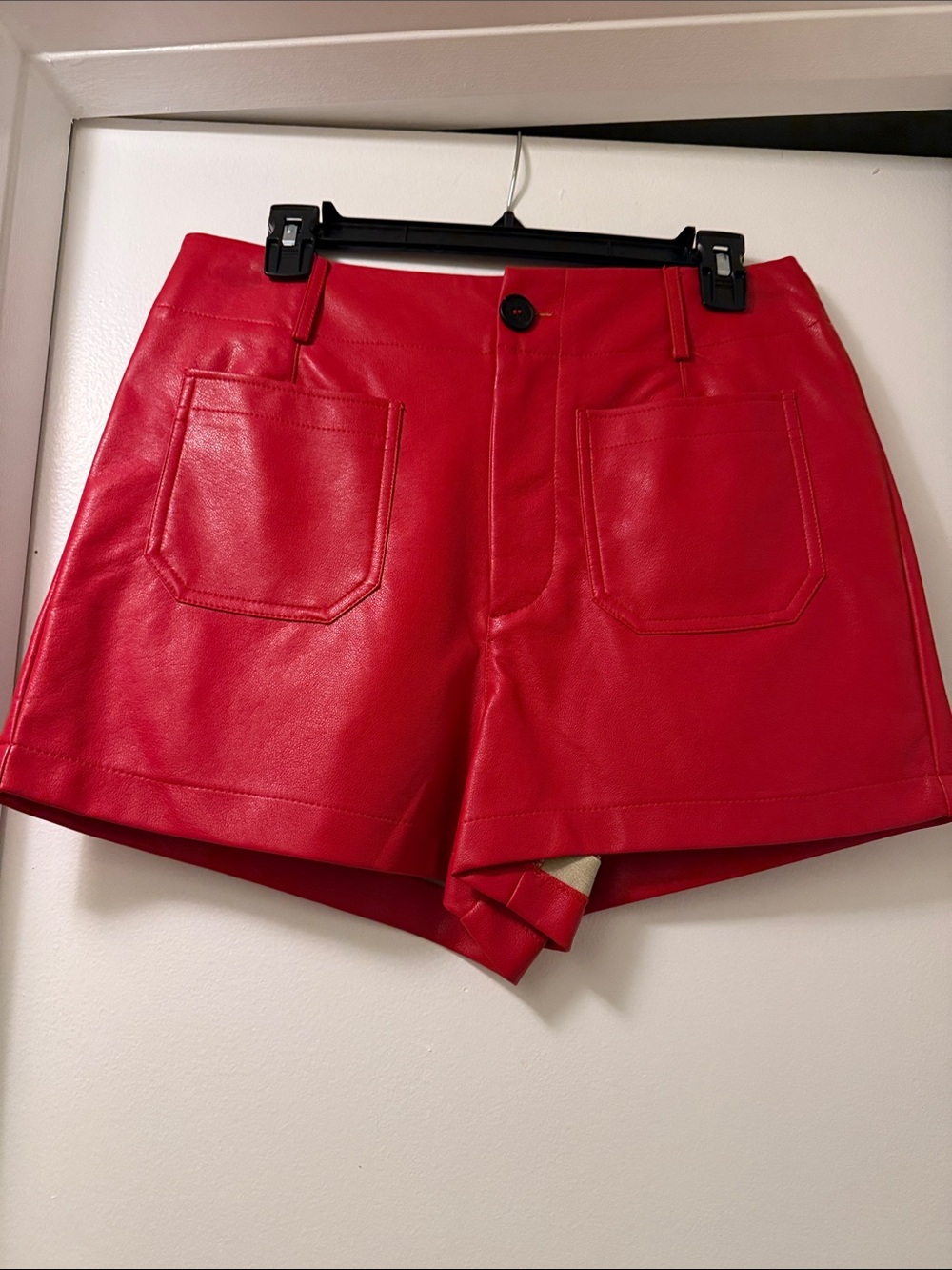 Anthropologie Red Faux Leather High-Waist Patch Pocket Shorts